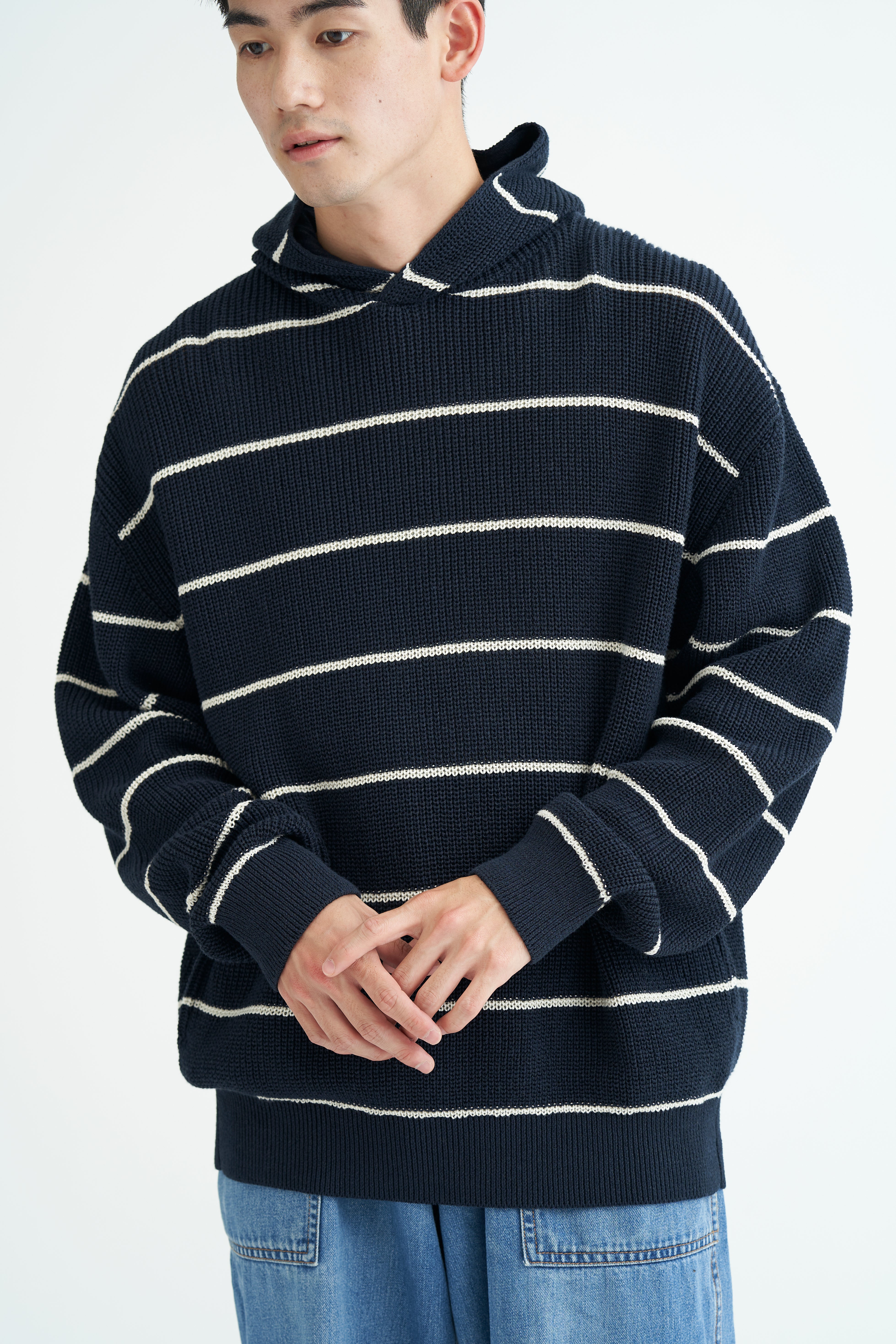 CT COLLAB STRIPED HOODIE<br> A knit hoodie with handy pockets on both sides